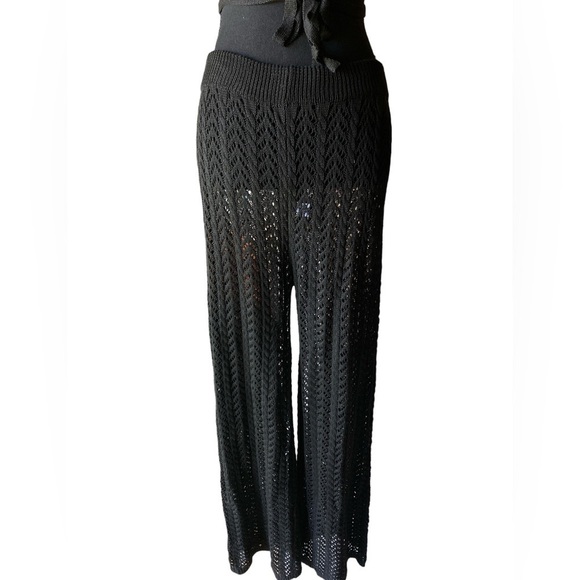 Crochet 2 pc Set Black Top & Stretchy Wide Leg Crochet Pants … - Picture 3 of 16
